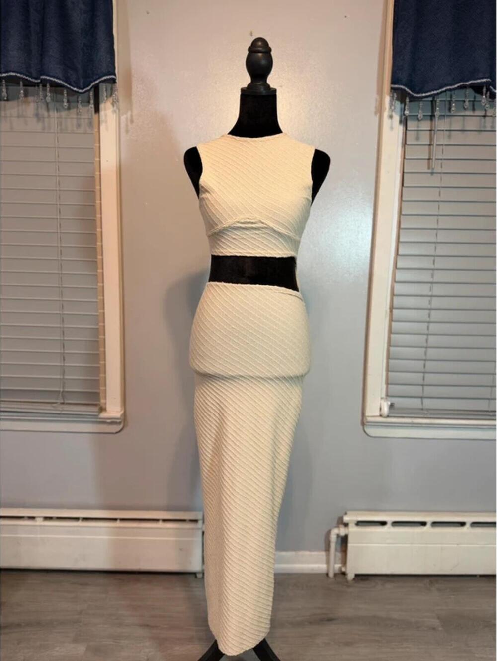 Cream Textured Cut Out Maxi Dress Open Front Minimal Chic Resort Bodycon